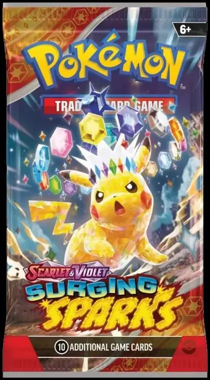 A real sealed Surging Sparks booster pack